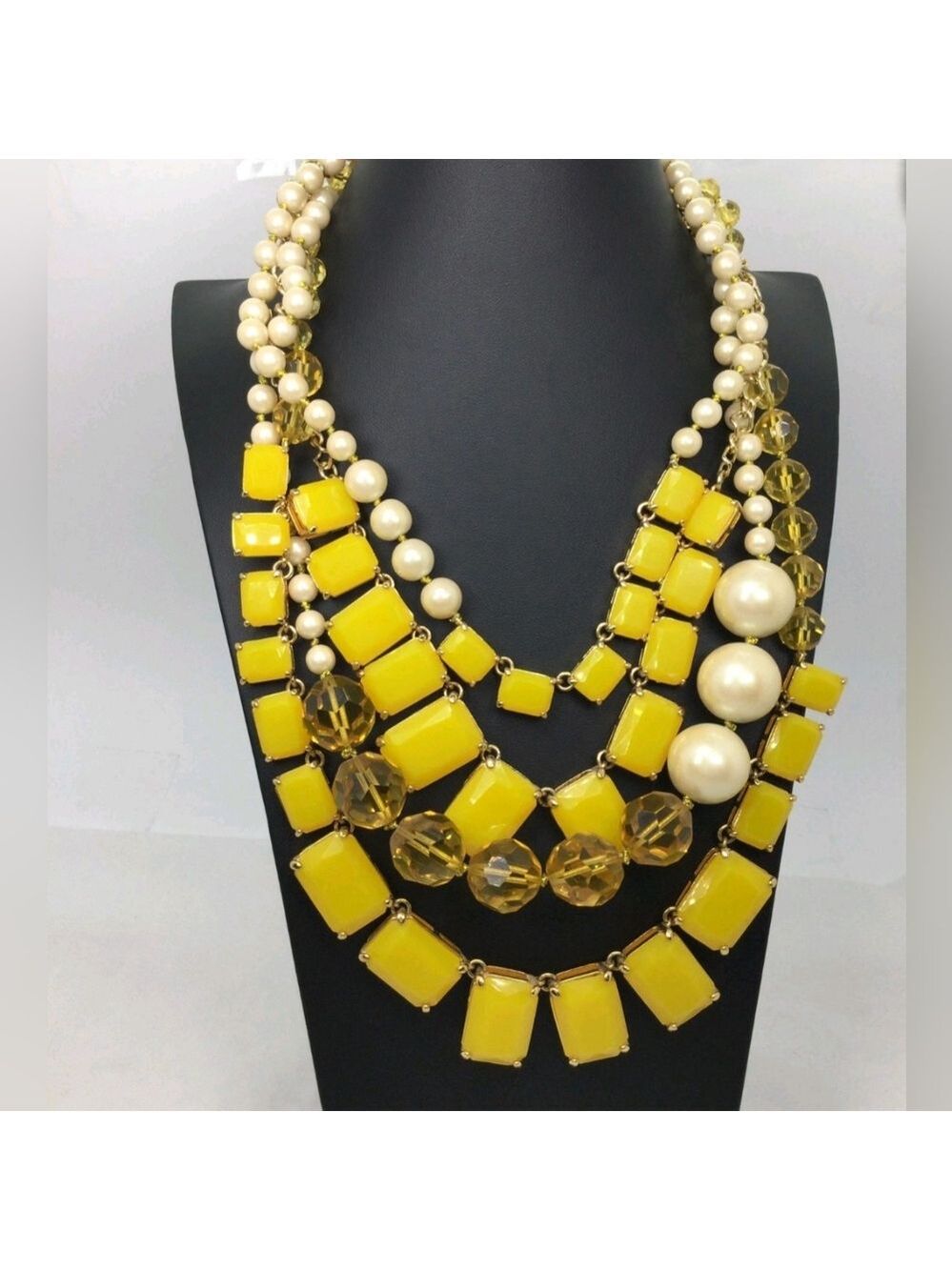 Kate Spade New York Faux Pearl Yellow Rhienstone Multi Strand Statement Necklace